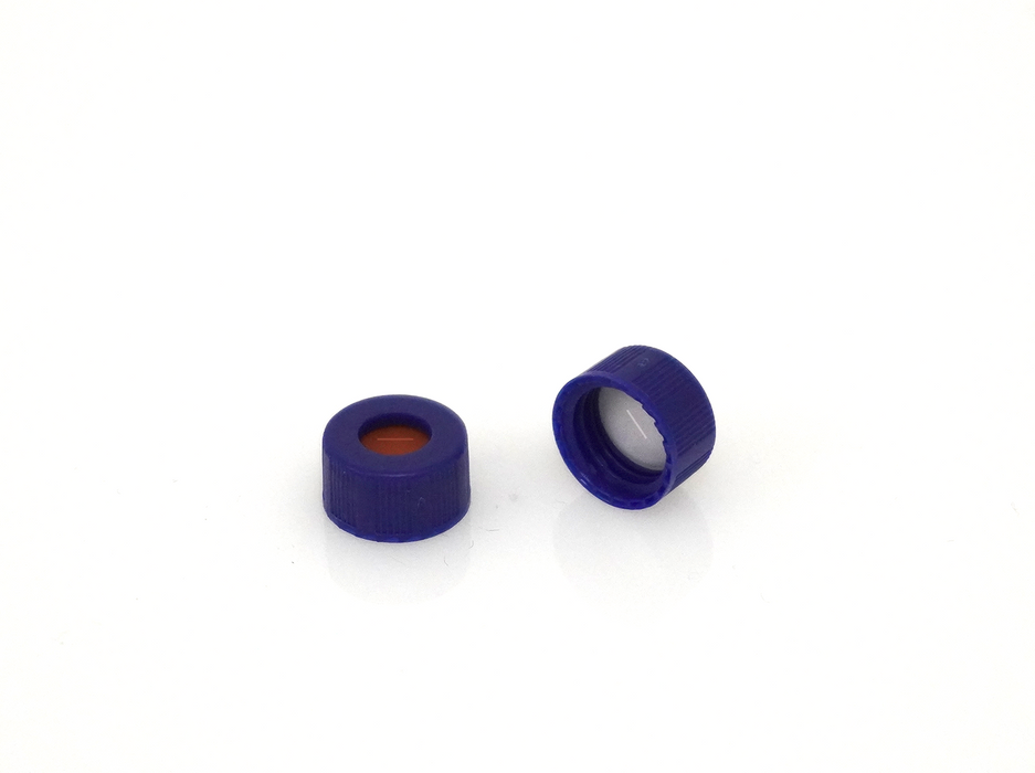 ND9; 9mm Screw thread blue cap, center hole; red silicone/ white PTFE septa, slitted