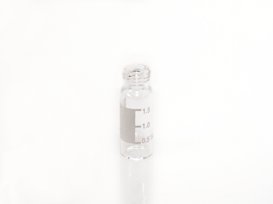 ND9; 9-425 2mL Screw thread vial, short thread, clear glass, label and filling lines