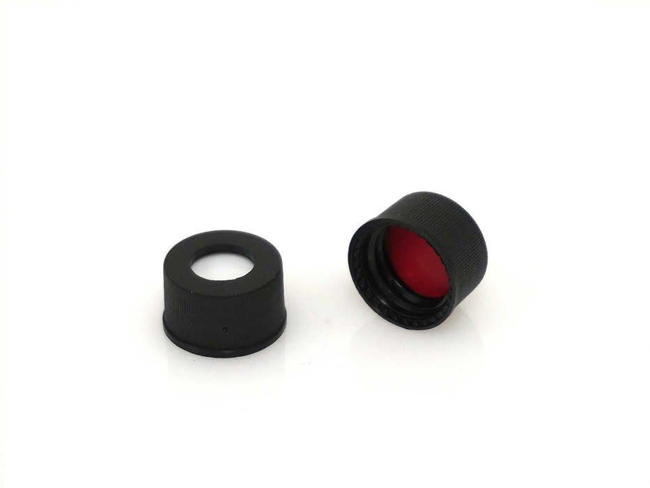 ND13; 13mm Screw thread black cap, center hole; white silicone/red PTFE septa