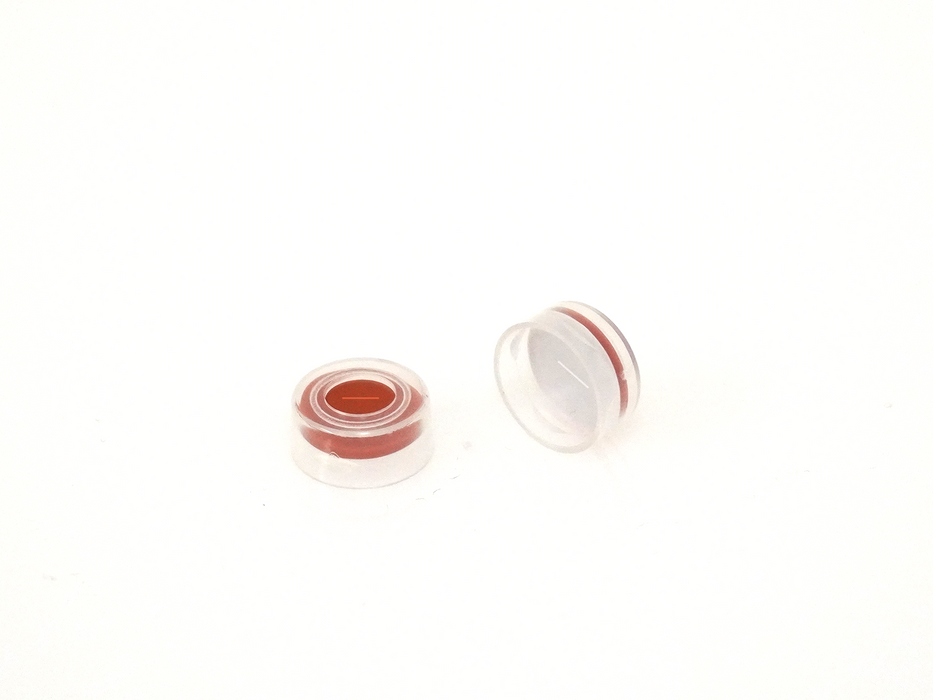 ND11; 11mm Snap ring transparent cap, center hole; red silicone/ white PTFE septa, slitted