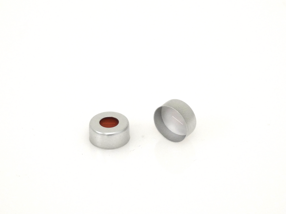ND11; 11mm Aluminum crimp cap, center hole; red silicone/ white PTFE septa, slitted